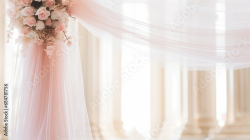 A veil is draped over the wedding altar, which is decorated in pink and white