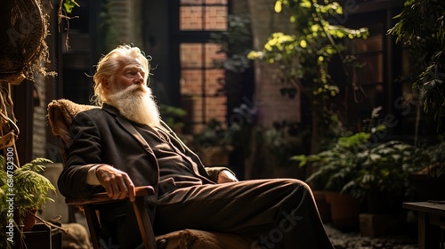 The old man sitting in a chair in the courtyard, inhaling fresh air with gratitude