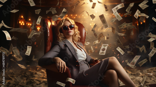 Wealthy businesswoman entrepreneur with sunglasses, elegant business attire, sitting on a sofa while stacked bills rain down in a mountain of money. Success and passive income of an influencer