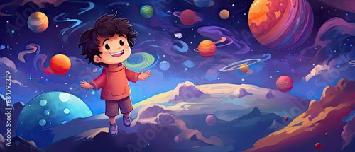 Cute boy randomly waving in space with colorful planet destroying , cartoon illustration with colorful background