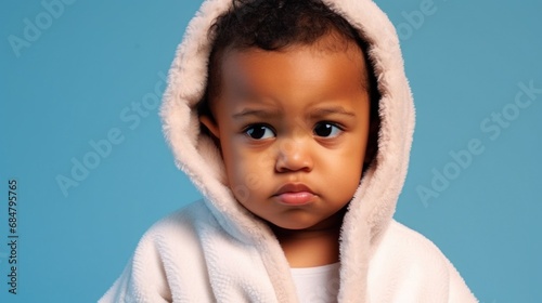 An infant in sadness, wearing a tiny bathrobe, set against a soft blue studio background.