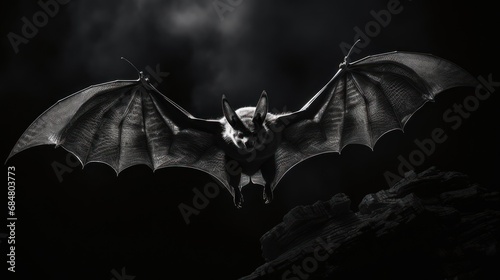  a black and white photo of a bat flying in the air with it's wings spread wide open in front of a dark background.