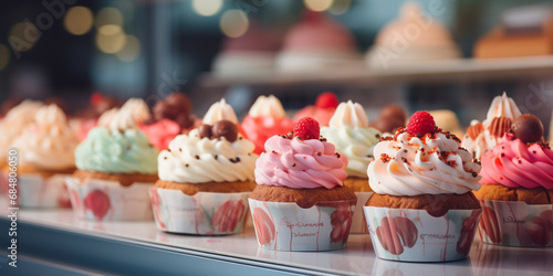 Sweet and cute whole cakes are lined up in a display case full of different types of baked goods. The event concept is suitable for birthdays and Christmas. ai generative