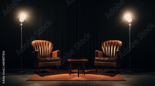 Two chairs and spotlights in podcast or interview room on dark background