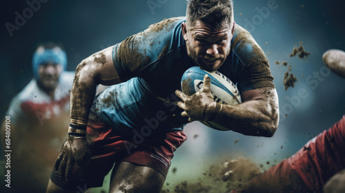 Rugby player executing flawless tackle impeccable form controlled force bright pitch colors determined eyes defensive aspect of rugby