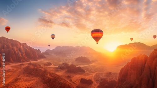 Mountains of Al Ula desert Saudi Arabia touristic destination, ballons at the golden sunset