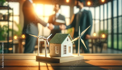 The image shows a scale model of a green-roofed white house with wind turbines on a wooden table, while in the background,