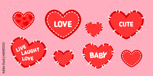 Cute Cartoon heart patch stickers collection with seam. Valentines Card in Heart shape with stitches and text love, cute, baby. Flat vector Red Heart shape patch