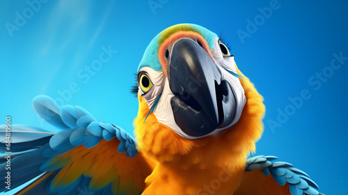 Young blue-orange macaw parrot, beautiful, bright, colorful, funny, with a large black beak