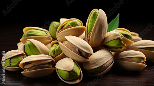 A bunch of pistachio nuts on a black background, side view. snack.
