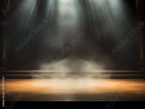 platform for performing or showcasing new product, podium, smoke, lights, backlit, big open space