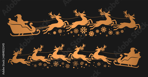 Merry Christmas. Silhouette Santa Claus in sleigh with deers flyin. Design elements for decoration holiday poster, flyer, greeting card. Vector illustration
