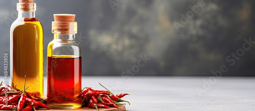 Homemade remedy for hair loss: small glass bottle of chili pepper oil. Natural solution for baldness and alopecia, DIY spa recipe.