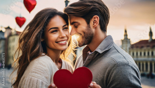 Close up of a beautiful happy young couple in love holding a valentines day heart with a blurred old city travel background