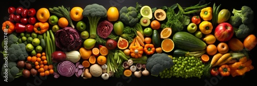 Assorted fresh vegetables and fruits on dark background, top view flat lay composition