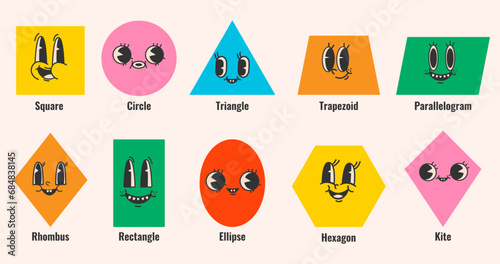 Funny cartoon geometric different shapes with happy emotions. Vector cartoon flat cute characters isolated.Groovy retro style 