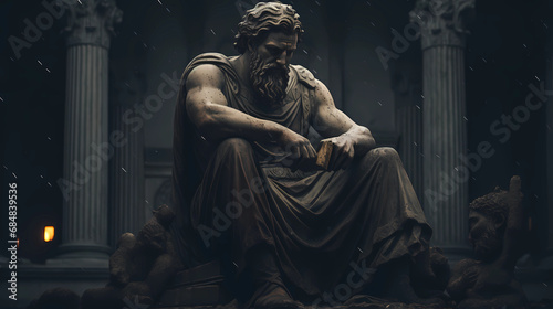 Greek philosopher in the form of a robust Greek statue sitting in a Greek palace.