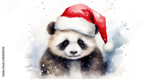 Watercolor painting of happy adorable baby panda wearing Santa hat for christmas festival.