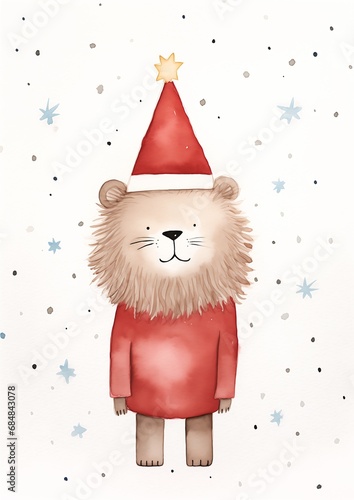 drawing lion wearing red sweater hat highly adoptable santa clause sharp illustration candle berry party hats