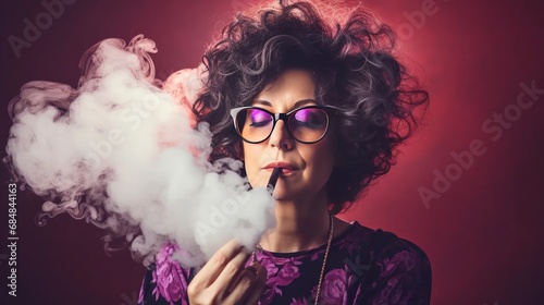 Adult woman using vape or electronic cigarette on smoky background. 