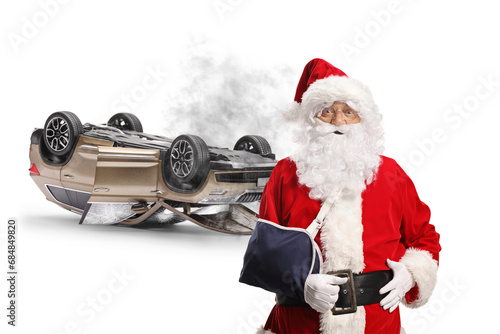 Santa Claus with an injured arm from a car accident
