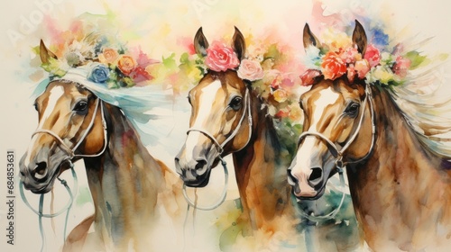 Exciting Watercolor Kentucky Derby with Horses and Fancy Hats AI Generated