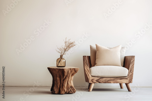 Lounge chair or armchair and wood stump side table on beige background with copy space. Rustic minimalist home interior design of modern living room. Generative AI. 