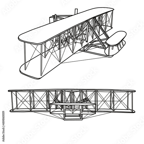 The Wright brothers' 1903 Flyer plane, side and front view, Hand drawn vector illustration of Classic Aircraft. Design for print, coloring book, Isolated on White Background