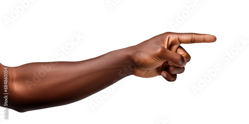 Black skin male hand pointing index finger, showing gesture, isolated on white background