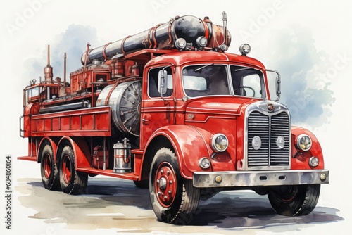 Watercolor illustration of a vintage red fire truck