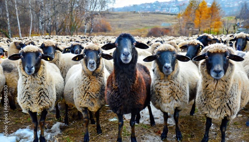 The black sheep in the herd of white sheep is an idiom representing someone who stands out or is different from the rest of a group. Generated with AI