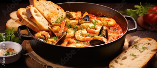 Modern Spanish seafood stew with fish, prawns, and clams served with garlic bread in red sauce, presented in a close-up pot design.