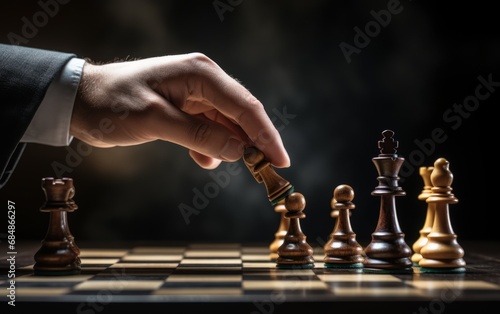 Close-up of a hand making a decisive move with a chess piece