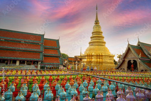Colorful Lamp Festival and Lantern in Loi Krathong at Wat Phra That Hariphunchai, Lamphun Province Thailand