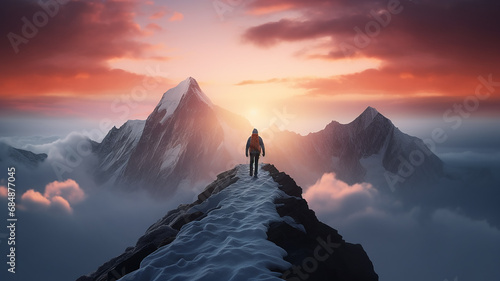 figure of a man on the way to a mountain peak at dawn, against the background of an incredible rocky landscape in dawn colors, the concept of the path to success, achievement in business