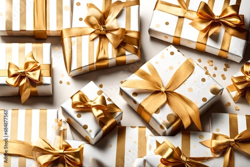 Side view of Christmas, birthday or valentine presents decorated in gold, golden spots and stripes with a gold ribbon bow isolated against a transparent background.