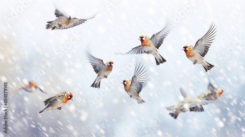 wildlife in winter, a flock of small colorful birds in flight in the winter air, songbirds