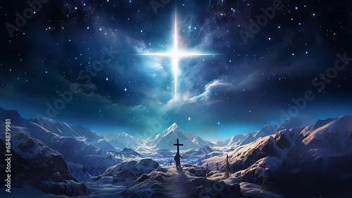the symbol of the glowing cross in the starry night sky, the biblical story of Christmas, the concept of God, fictional computer graphics
