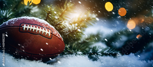 American football ball on the snow on a snowy day during the Christmas and New Year holidays