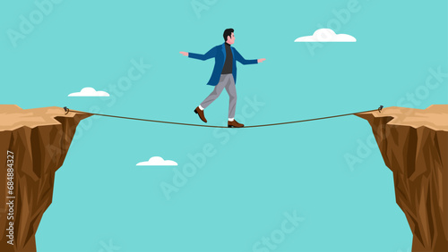 two cliff concept illustration with a Businessman crosses gap between cliffs using rope, business risk symbol, determination, motivation