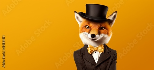 A mischievous fox wearing a bowler hat, holding a sign that says Foxy Lady on a solid yellow background.