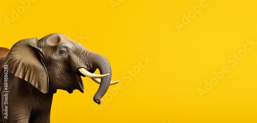 Asian elephant bull on solid yellow background with copy space.