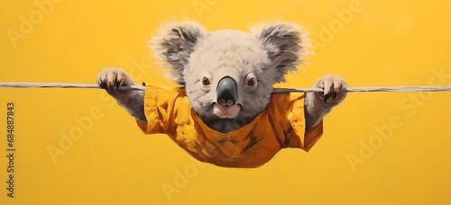 Koala hanging upside down with a sign saying "Just hanging out!" on yellow.