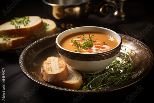 A lobster bisque soup served in a delicate bowl, garnished with a drizzle of sherry and chives, accompanied by bread