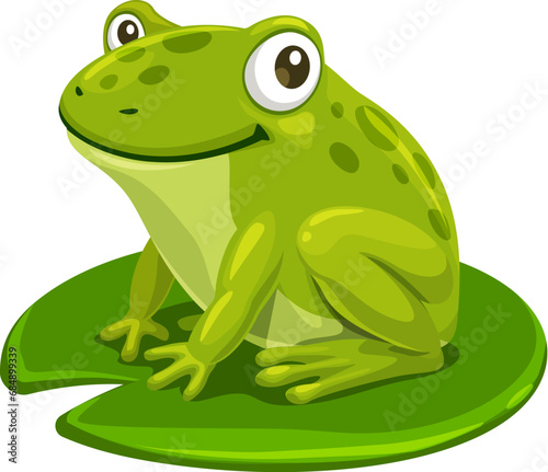 Adorable cartoon frog character sitting on water lilly leaf. Isolated vector amphibian animal, kids personage with round eyes and a contagious grin. Its green skin and posture exude charm and whimsy
