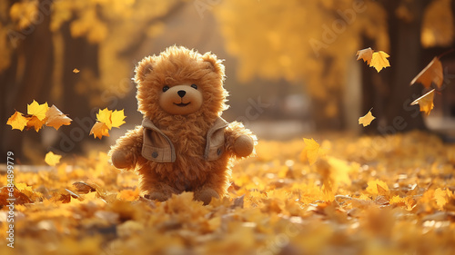 freedom plush abstract generated bear kicks autumn leaves in the park, October unusual change children's calendar