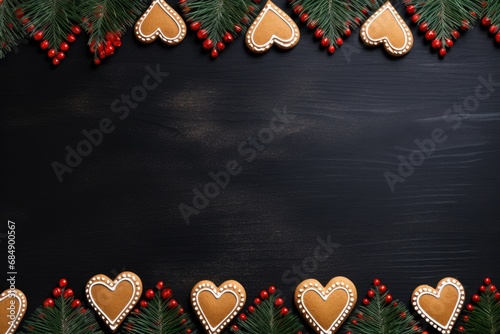Many gingerbread heart cookies on black wooden background with copy space. Xmas cinnamon cookies with icing decoration. Christmas greeting banner. Holiday baking concept. Top view, flat lay