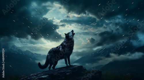 A lone wolf howling under a moonlit sky 