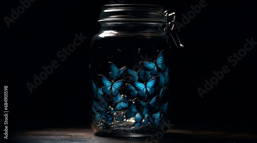 Glowing blue butterflies mason jar light Generative AI
