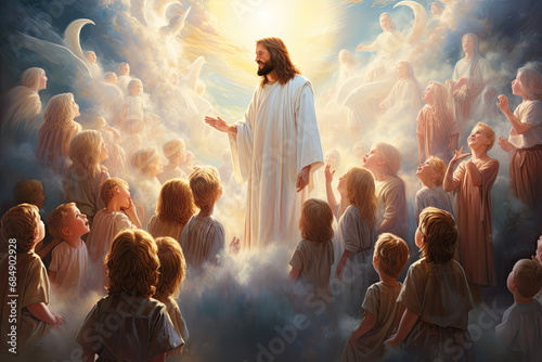 Jesus Christ and children in heaven light